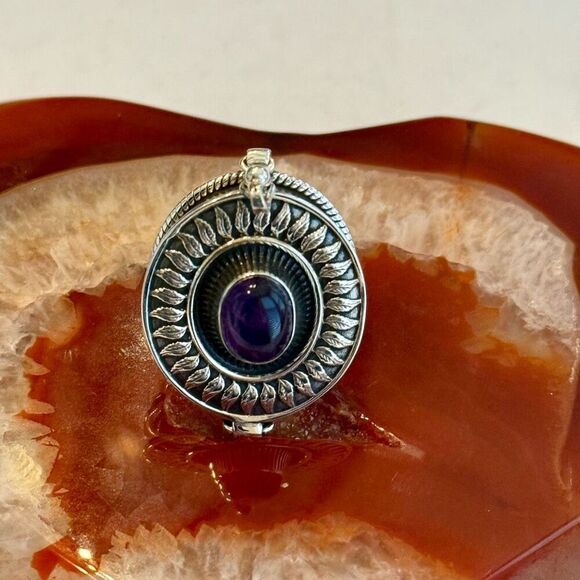 Natural Amethyst Cabochon Poison Pillbox Locket Ring Boho Sterling Silver New - Picture 7 of 9